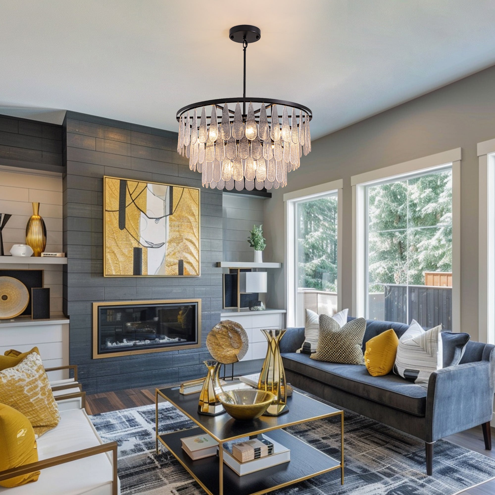 31.5 in. Modern 12-Lights Black Glass Chandelier with Light Dining Room or Kitchen
