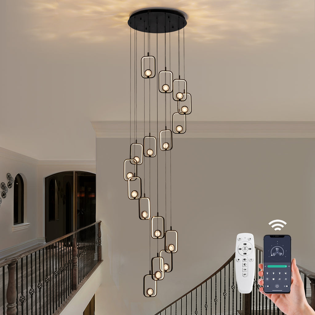 16-Light Black Cylinder Chandelier with Crystal Balls, Dimmable LED Lights & Remote Control for High Ceilings