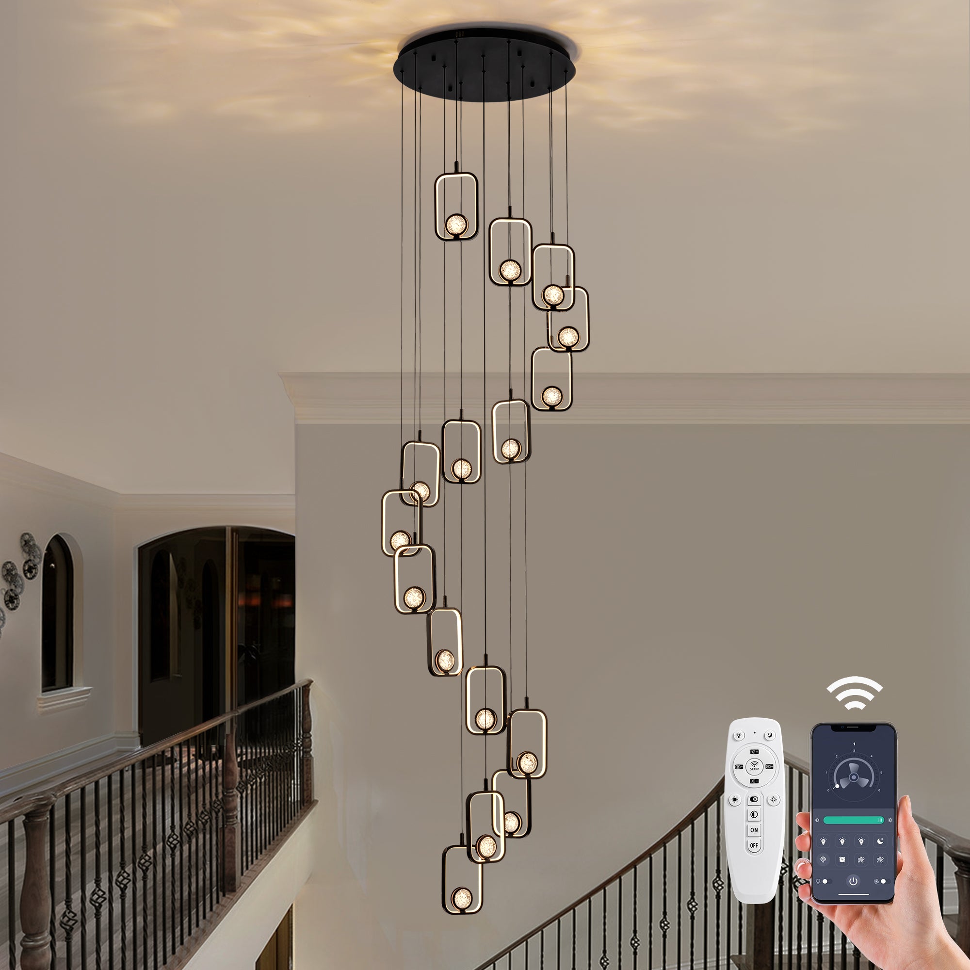 16-Light Black Cylinder Chandelier with Crystal Balls, Dimmable LED Lights & Remote Control for High Ceilings