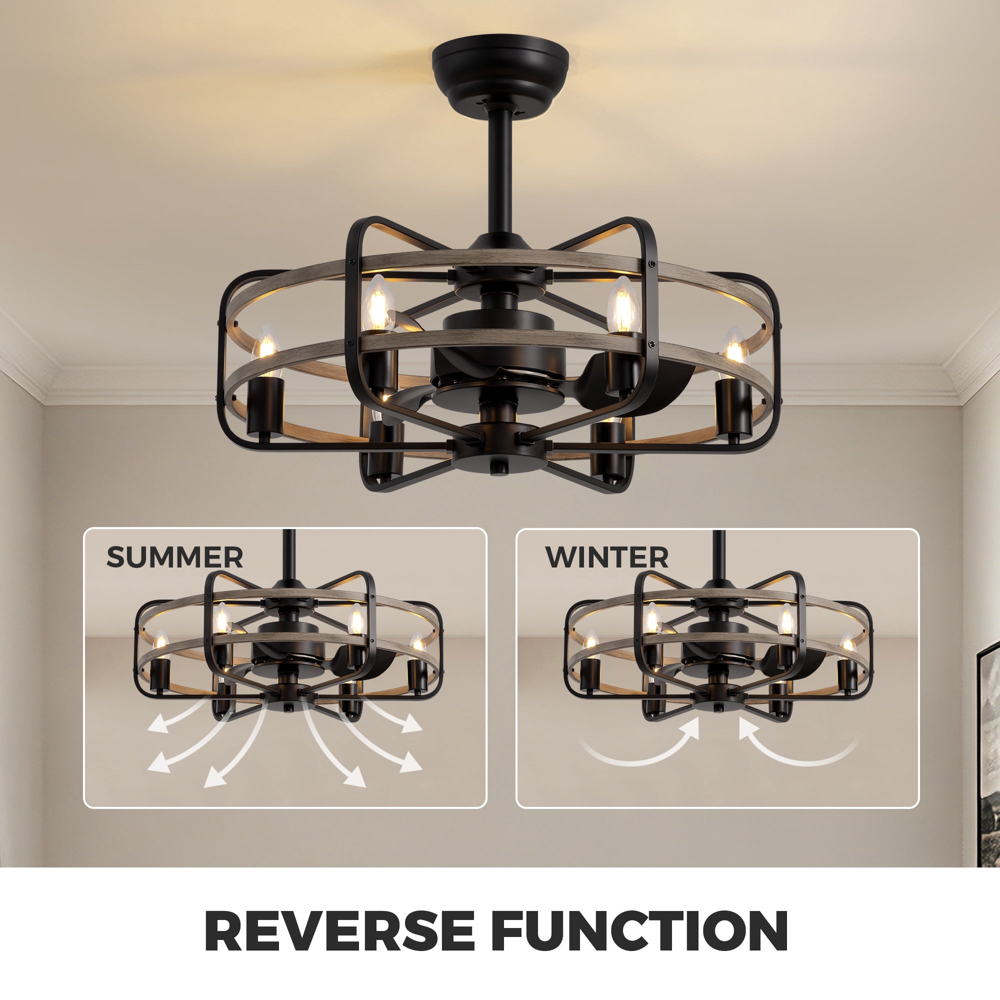 25 in. Modern Indoor Black Cage Ceiling Fan with Lights Reversible Rotation and Remote Control