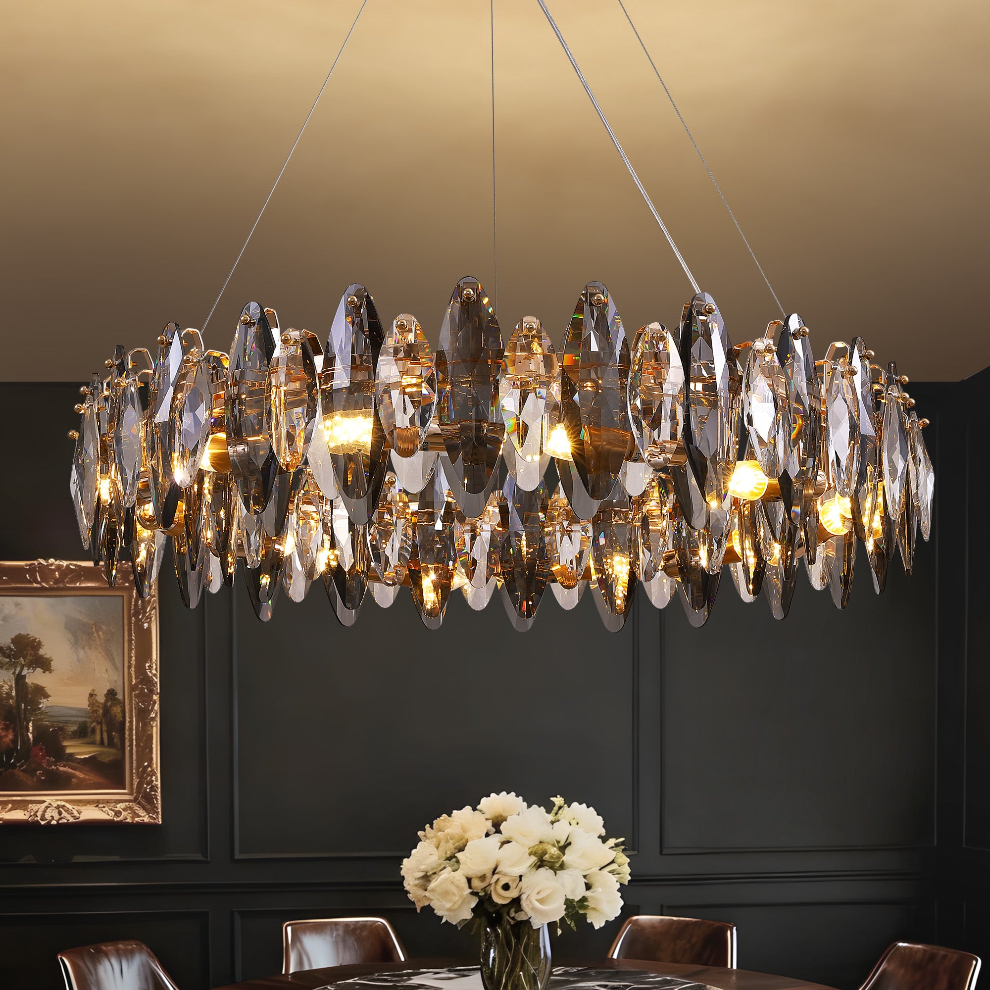 12-Light Dimmable Drum Crystal Chandelier