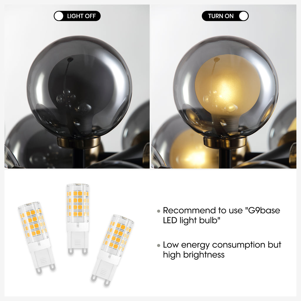40 in. 16-Light Modern Black Dimmable Bubble Glass Sputnik Glass Globe Chandelier for Dining Room and Living Room