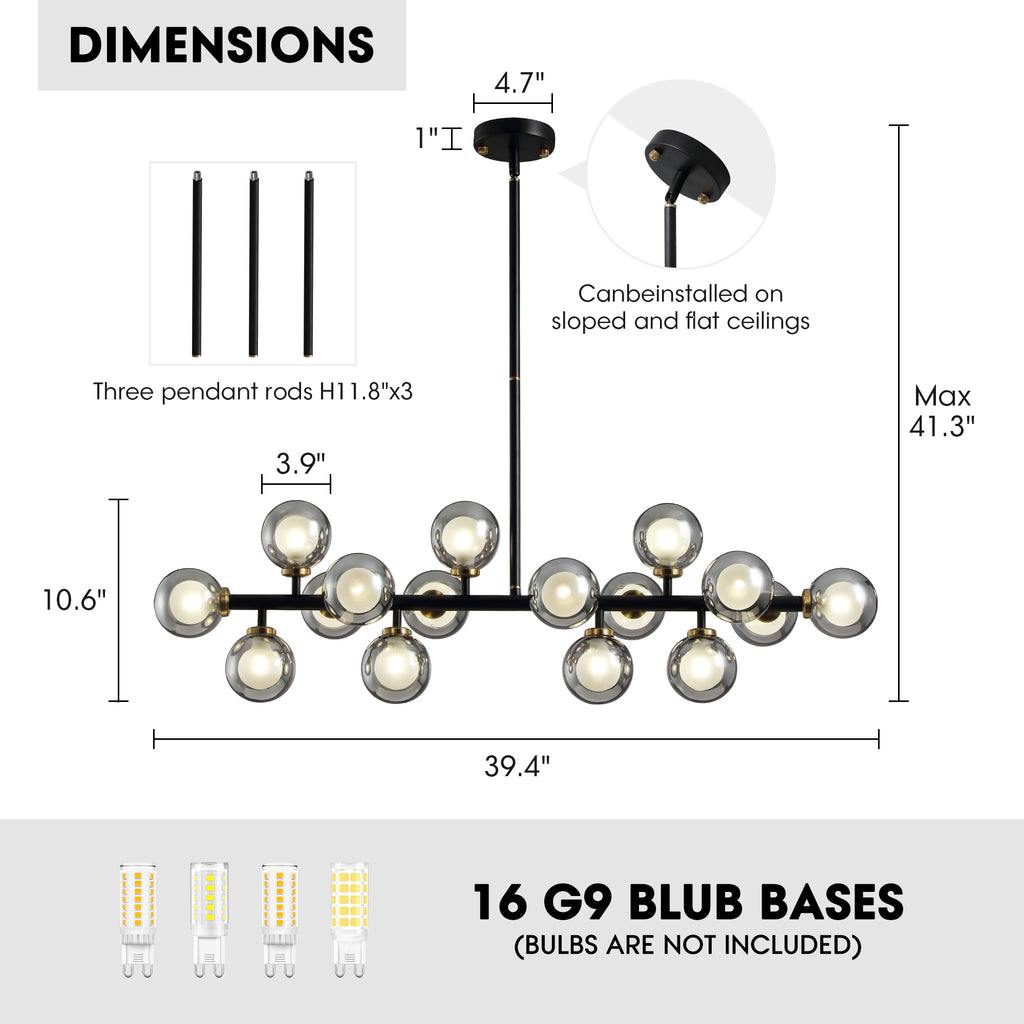 40 in. 16-Light Modern Black Dimmable Bubble Glass Sputnik Glass Globe Chandelier for Dining Room and Living Room