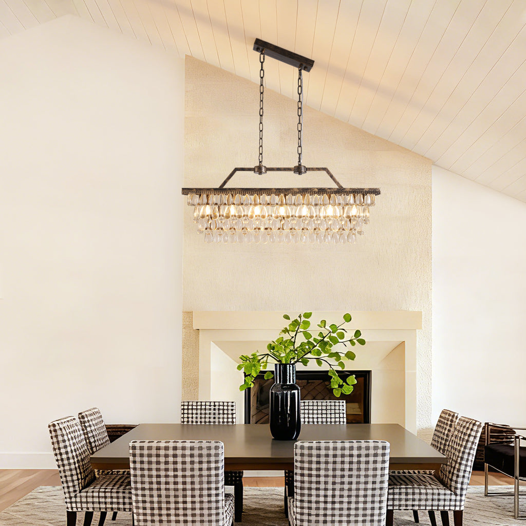 7-Light Dimmable Rustic Vintage Rectangle Tiered Crystal Chandelier with Antique Bronze Finish