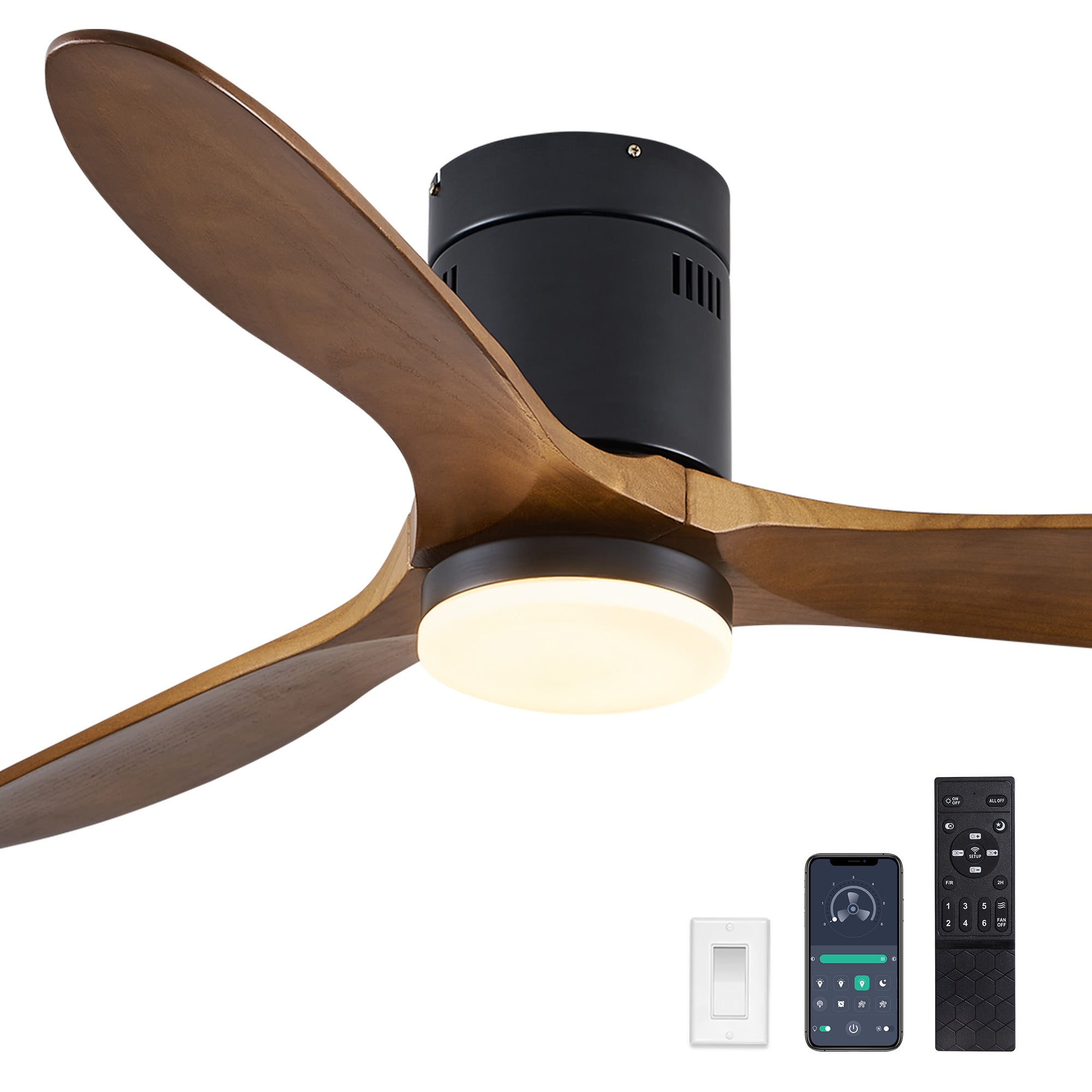 52" 3 -Blade Flush Mount Ceiling Fan with Light Kit, Remote Control and Quiet DC Motor for Bedroom