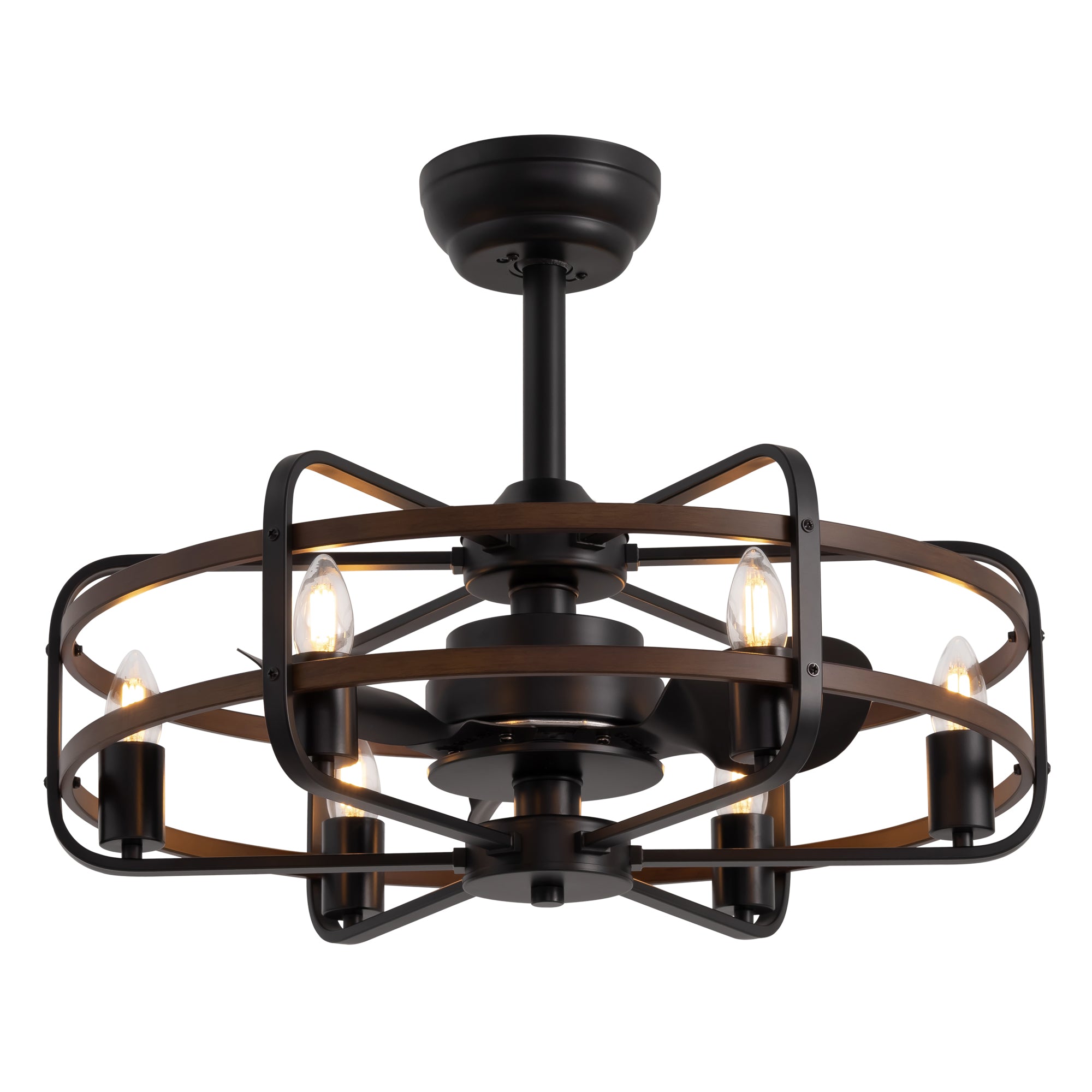 25 in. Farmhouse Indoor Vintage Caged Ceiling Fan with Lights and Remote Control, Black and Walnut Color Chandelier Fan