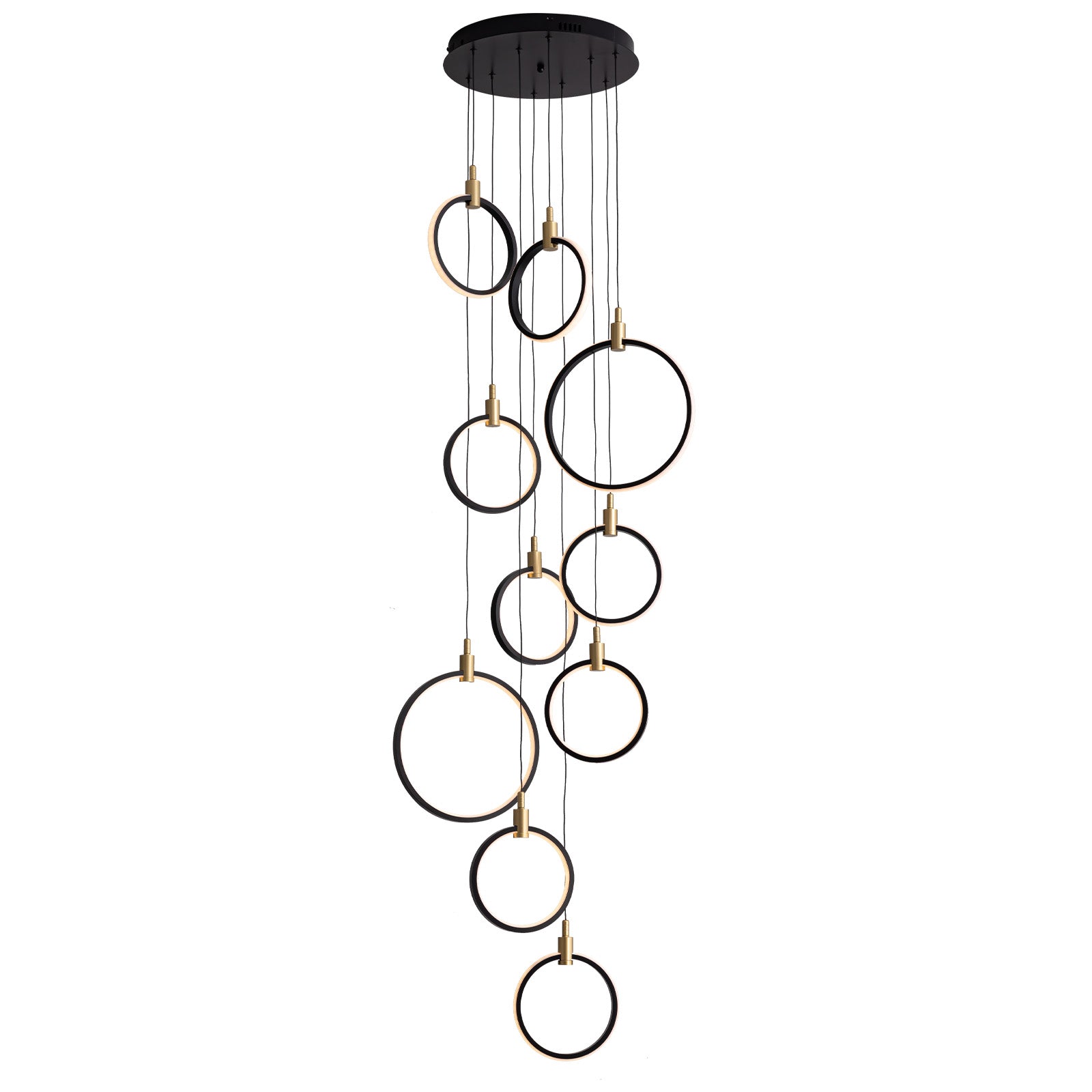 10-Ring LED Dimmable Geometric Chandelier, Black and Gold Foyer Light for High Ceilings with Remote & App Control