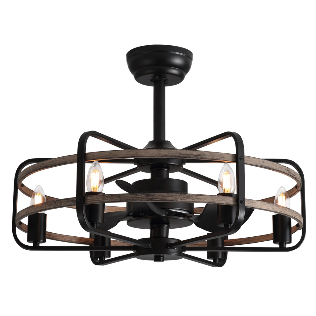 24 in. Indoor Black Farmhouse Ceiling Fan with Light and Remote,Rustic Caged Chandelier Ceiling Fan
