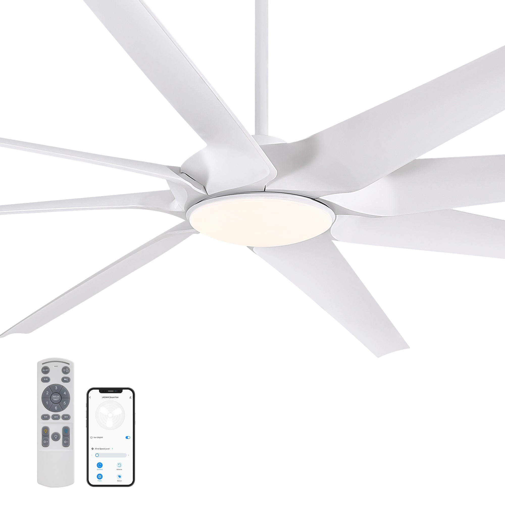 100 in. Smart Indoor White Industrial Large Downrod 8-Blade Ceiling Fans with Lights and Remote Dimmable