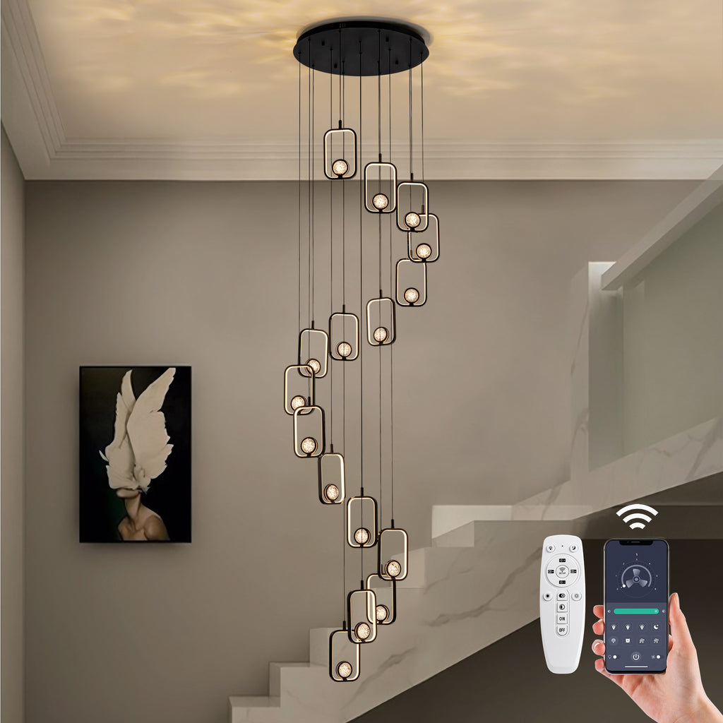 16-Light Black Cylinder Chandelier with Crystal Balls, Dimmable LED Lights & Remote Control for High Ceilings