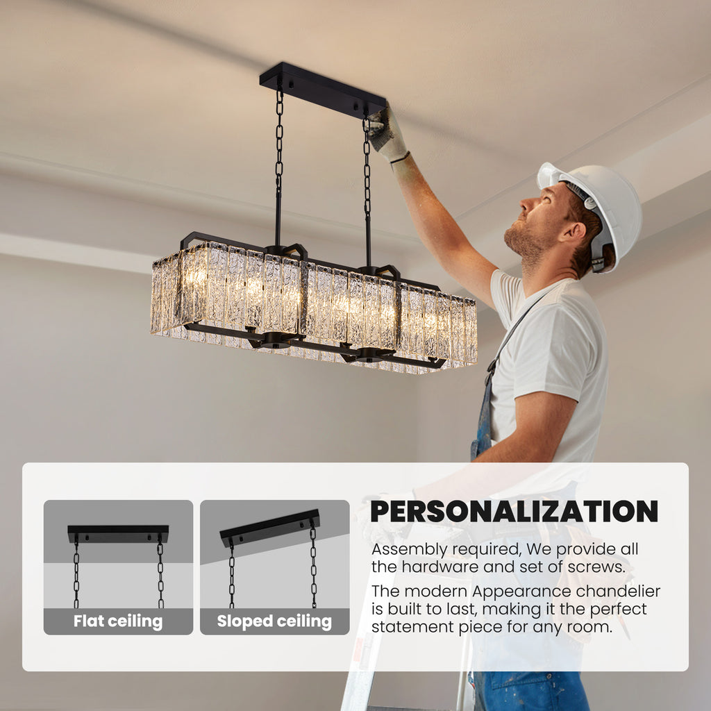 40 in. Modern Dimmable 6-Light Rectangle Black Crystal Chandelier for Dinning Room