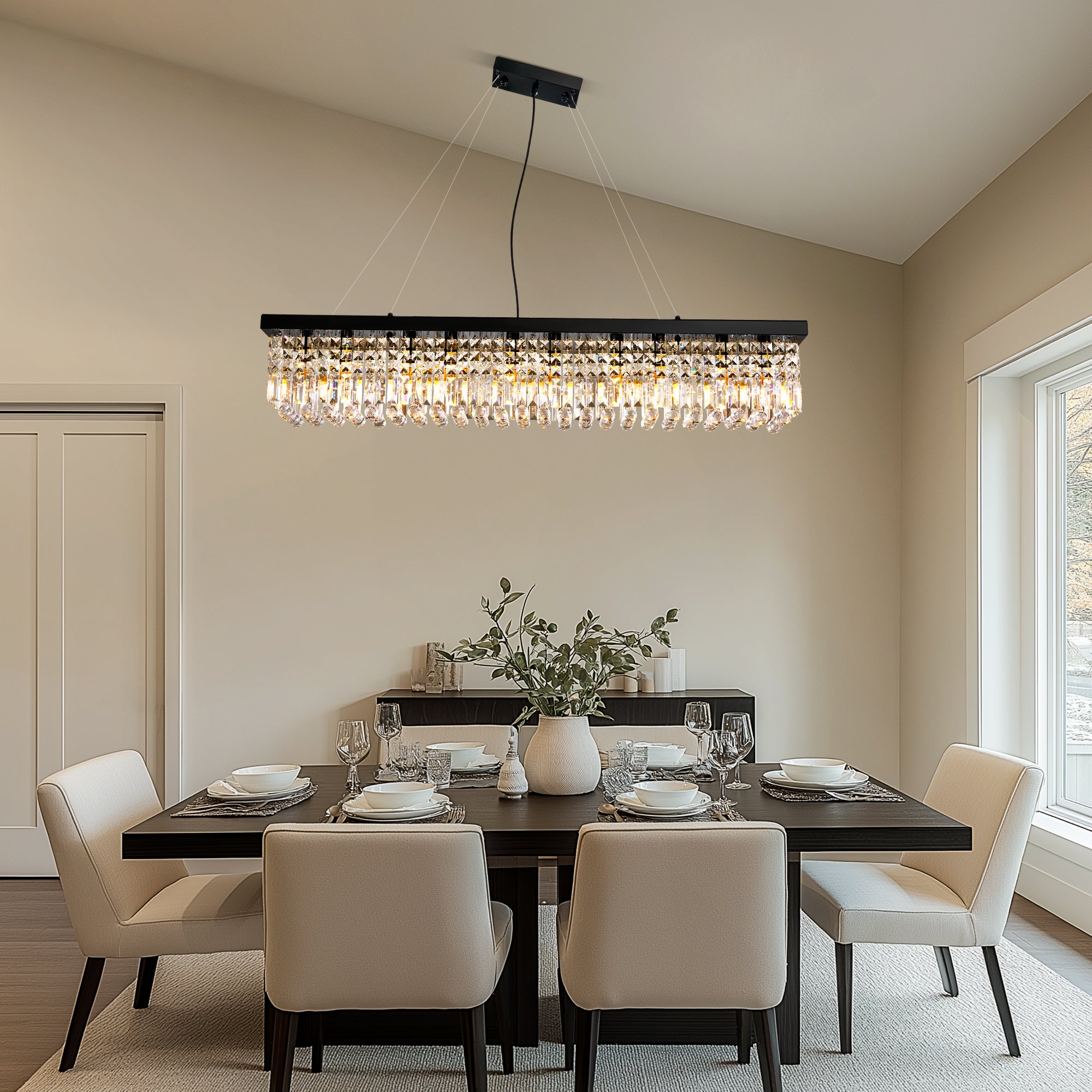 10-Light Dimmable Crystal Rectangle Chandelier for Kitchen Island and Dining Room, Modern Luxury Gold Ceiling Light