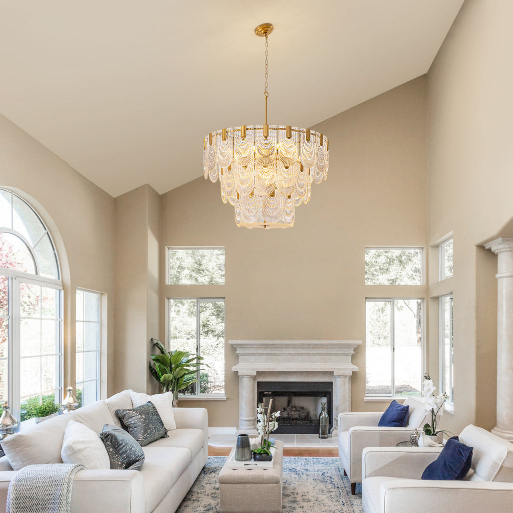32 in. Modern 12-Light Electroplated Gold 3-Layer Glass Chandelier Chandelier for Dining Room and Living Room