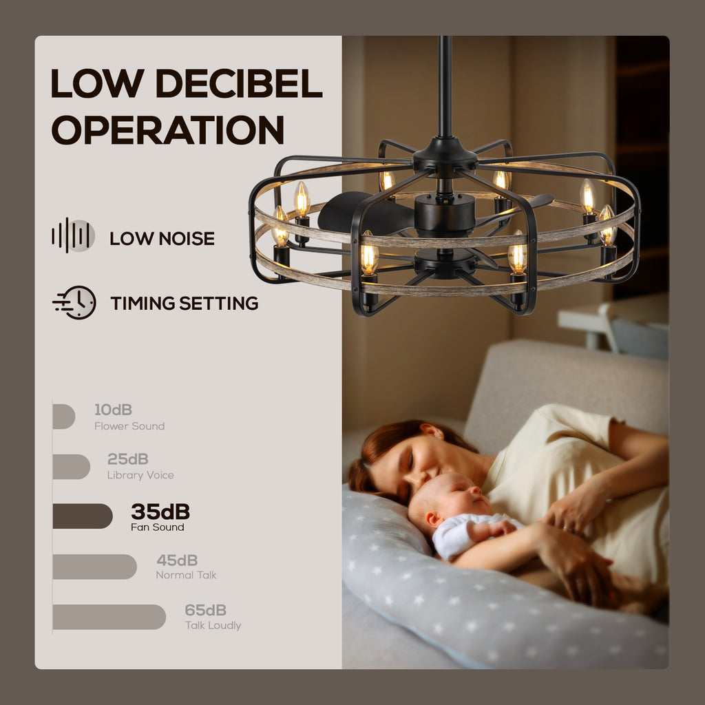 30 in. Indoor Farmhouse Black Downrod Mount Caged Ceiling Fan with Lights and Remote Wood Grain Industrial