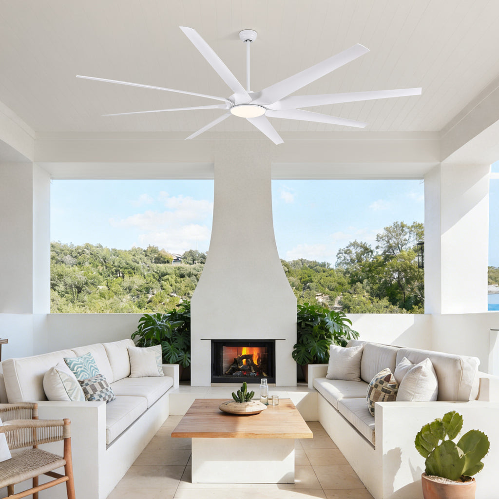 100 in. Smart Indoor White Industrial Large Downrod 8-Blade Ceiling Fans with Lights and Remote Dimmable