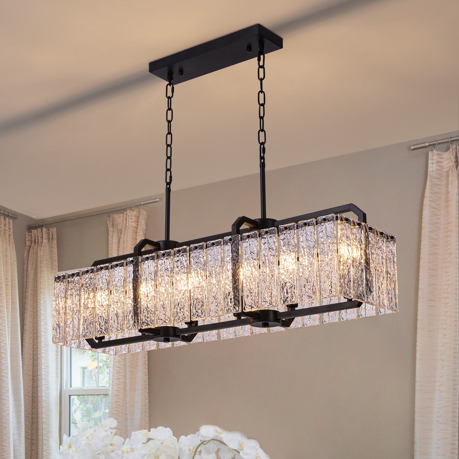 40 in. Modern Dimmable 6-Light Rectangle Black Crystal Chandelier for Dinning Room