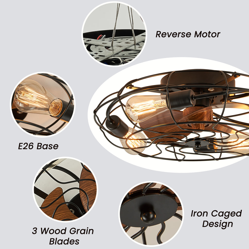 20.4 in. Farmhouse Indoor Matte Black Low Profile Caged Ceiling Fan with Remote Control Included