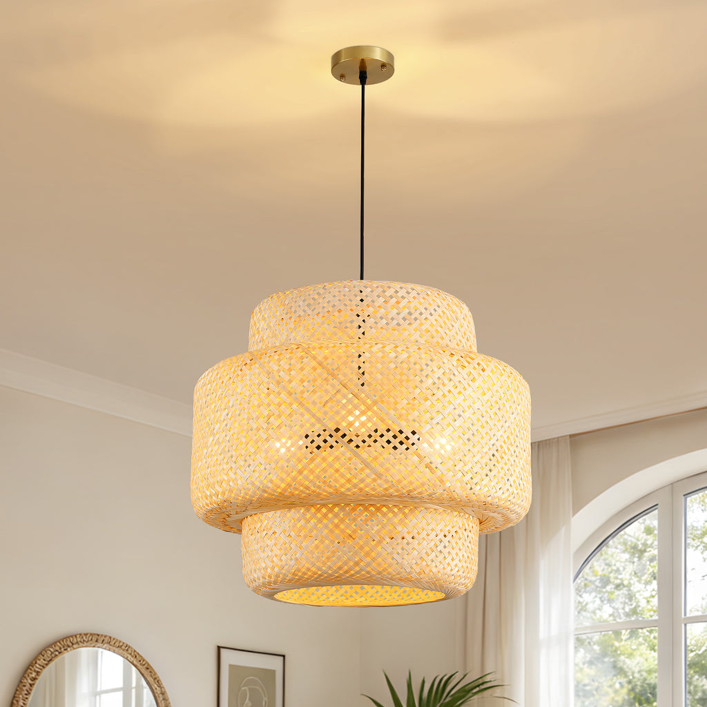 3-Light Natural Woven Tiered Chandelier, Boho Organic Modern Coastal Casual Style For Dining Room, Kitchen Island & Living Space