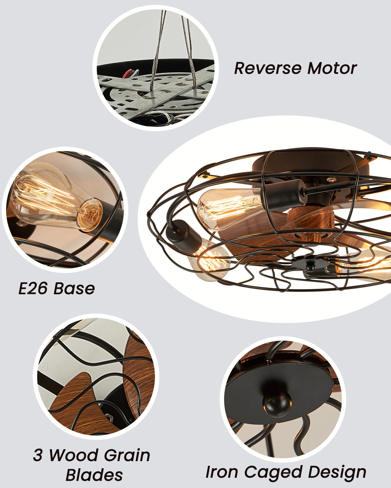 20.4 in. Farmhouse Indoor Matte Black Low Profile Caged Ceiling Fan with Remote Control Included