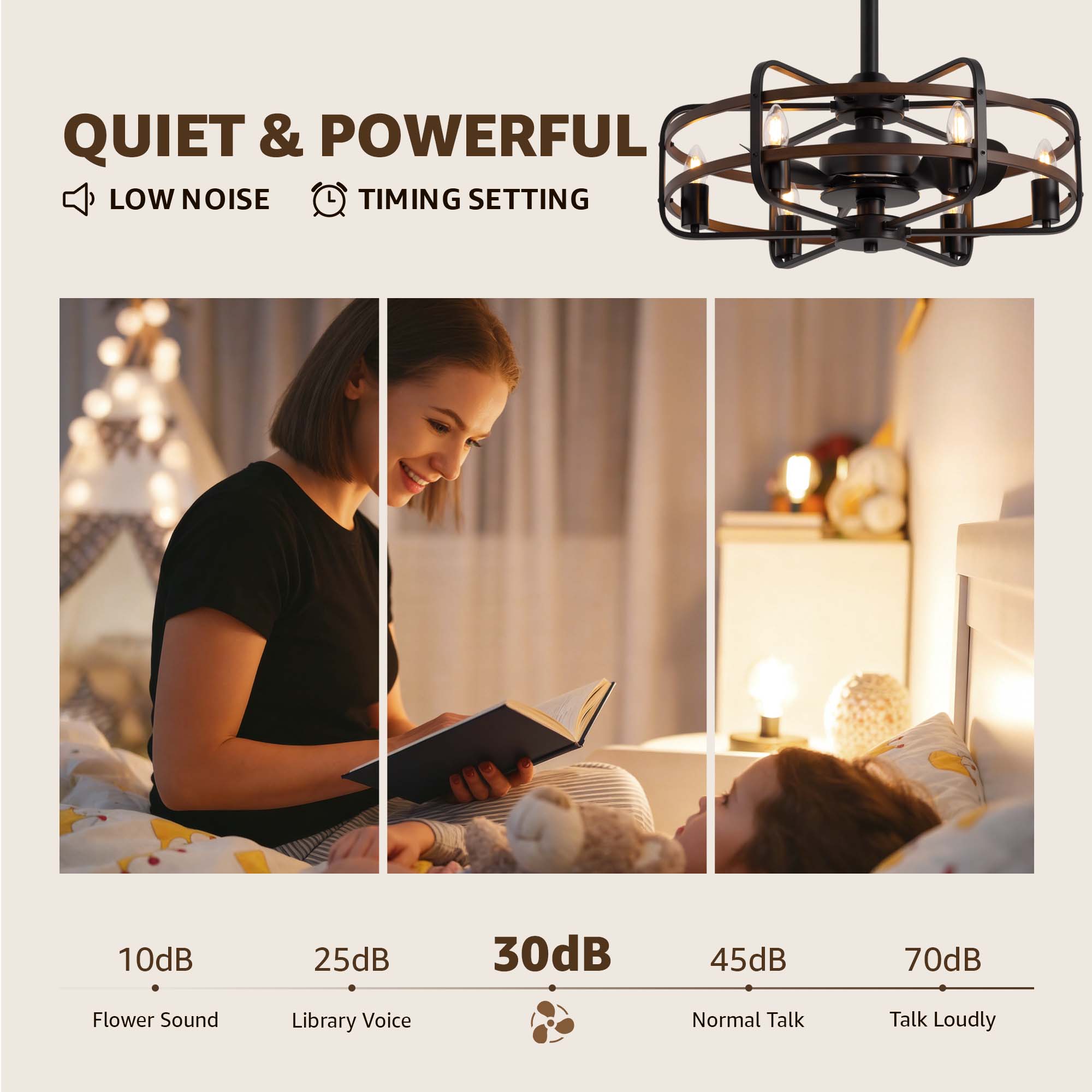25 in. Farmhouse Indoor Vintage Caged Ceiling Fan with Lights and Remote Control, Black and Walnut Color Chandelier Fan