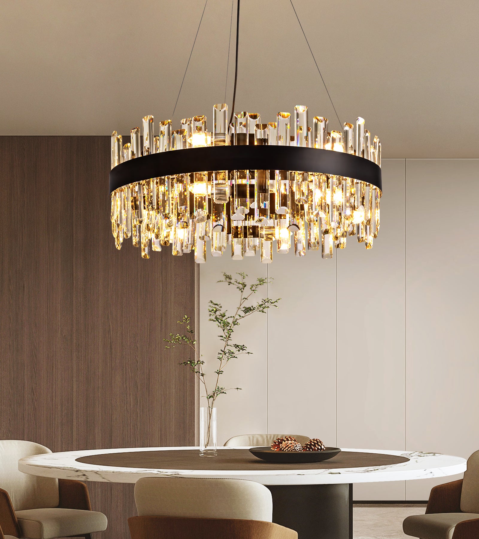 24 in. Modern 12-Light Black Crystal Chandelier Circle Round 2-Tiers Chandelier for Dining Living Room Bedroom