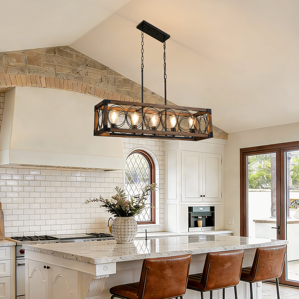 5 - Light Dimmable Modern Farmhouse Rectangle Solid Wood Chandelier