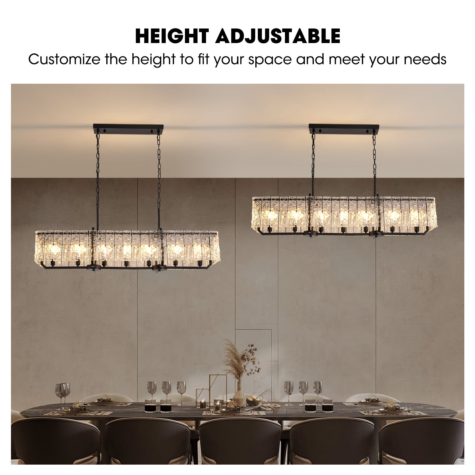 46.5 in. Modern Dimmable 7-Light Rectangle Black Crystal Chandelier for Dinning Room