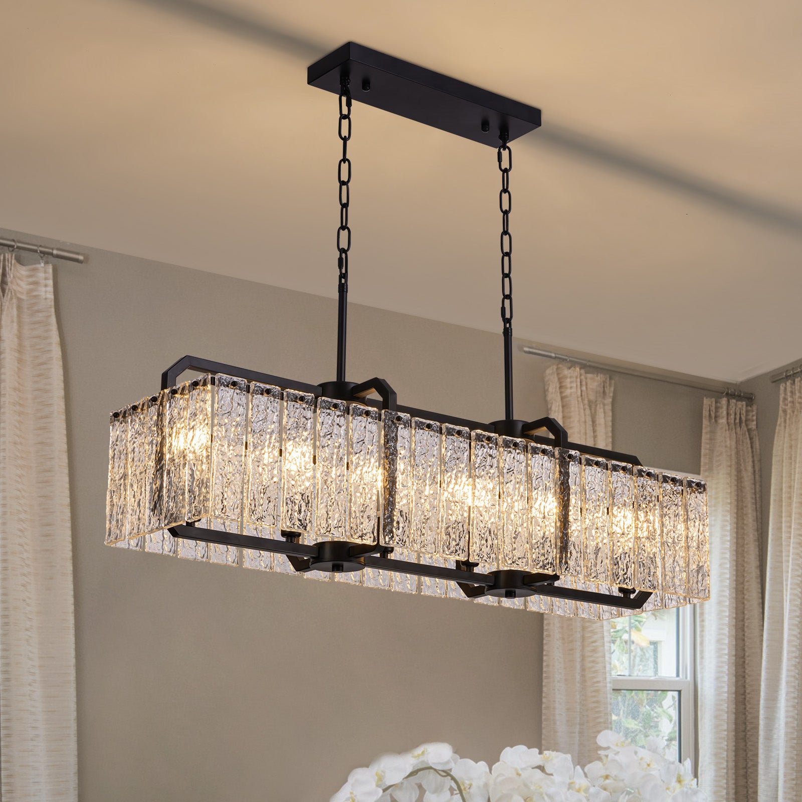 40 in. Modern Dimmable 6-Light Rectangle Black Crystal Chandelier for Dinning Room