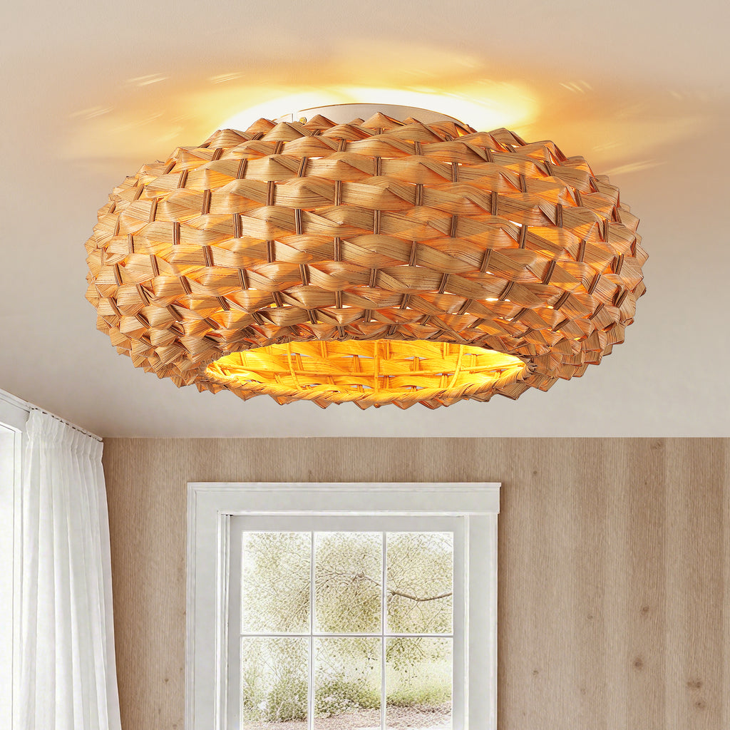 20" Boho Bamboo Ceiling Fan with Light, Woven Shade Flush Mount Fan with Remote, Quiet DC Motor for Small Rooms
