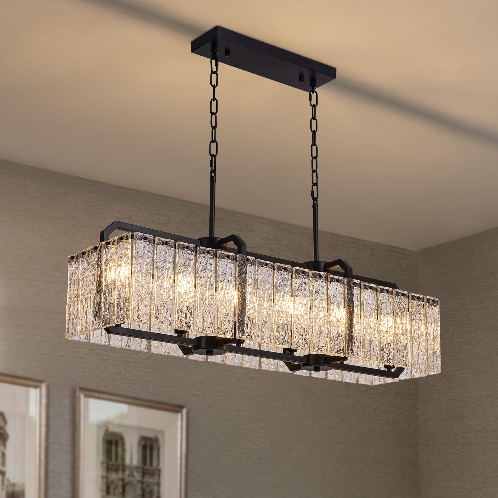 40 in. Modern Dimmable 6-Light Rectangle Black Crystal Chandelier for Dinning Room