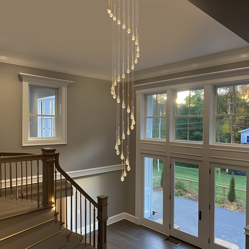 36-light Cylinder Foyer Chandelier With Raindrop Crystals and LED Light