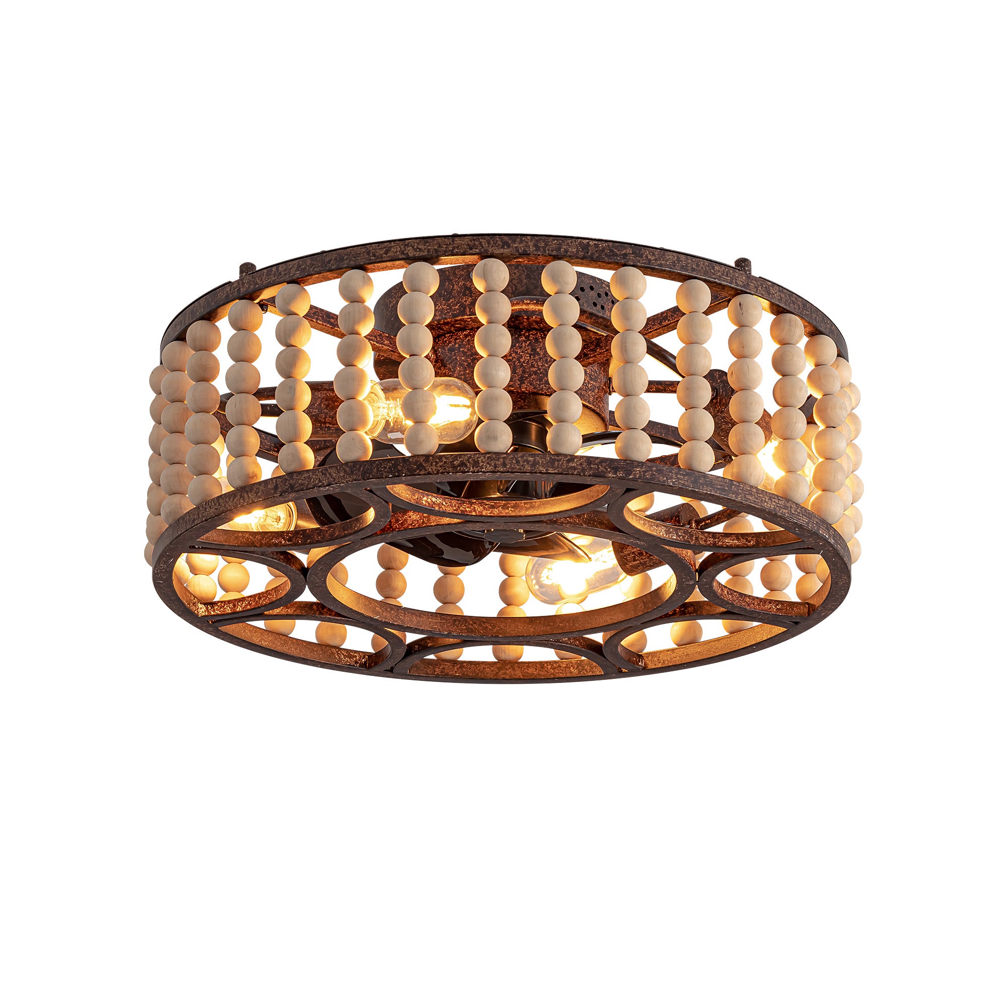 20 in. Indoor Walnut Beaded Caged Ceiling Fan with Light and Remote, Flush Mount Fan for Living Room,Dining Room,Kitchen