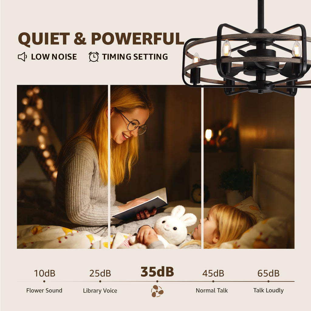 24 in. Indoor Black Farmhouse Ceiling Fan with Light and Remote,Rustic Caged Chandelier Ceiling Fan