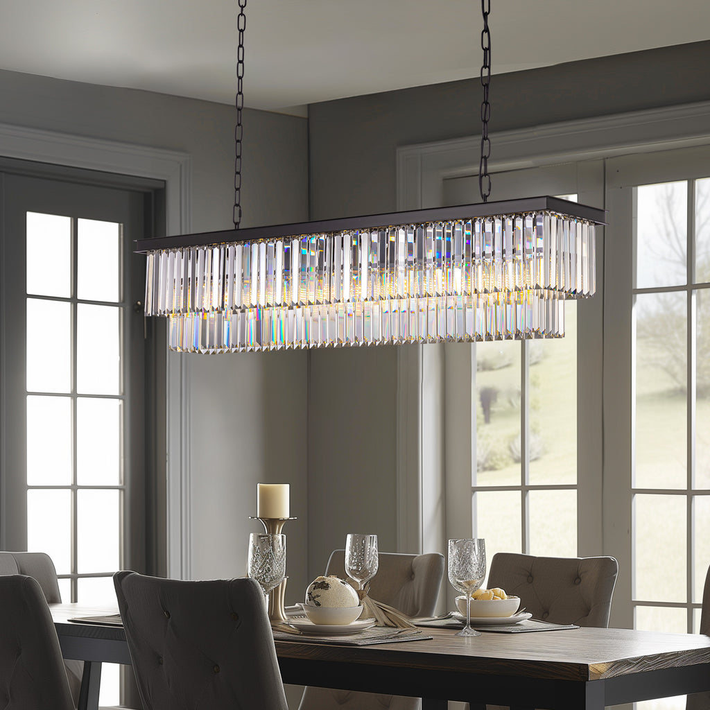 8 Light Crystal Tiered Rectangle Linear Matte Black Chandelier for Kitchen Island with No Bulbs Included