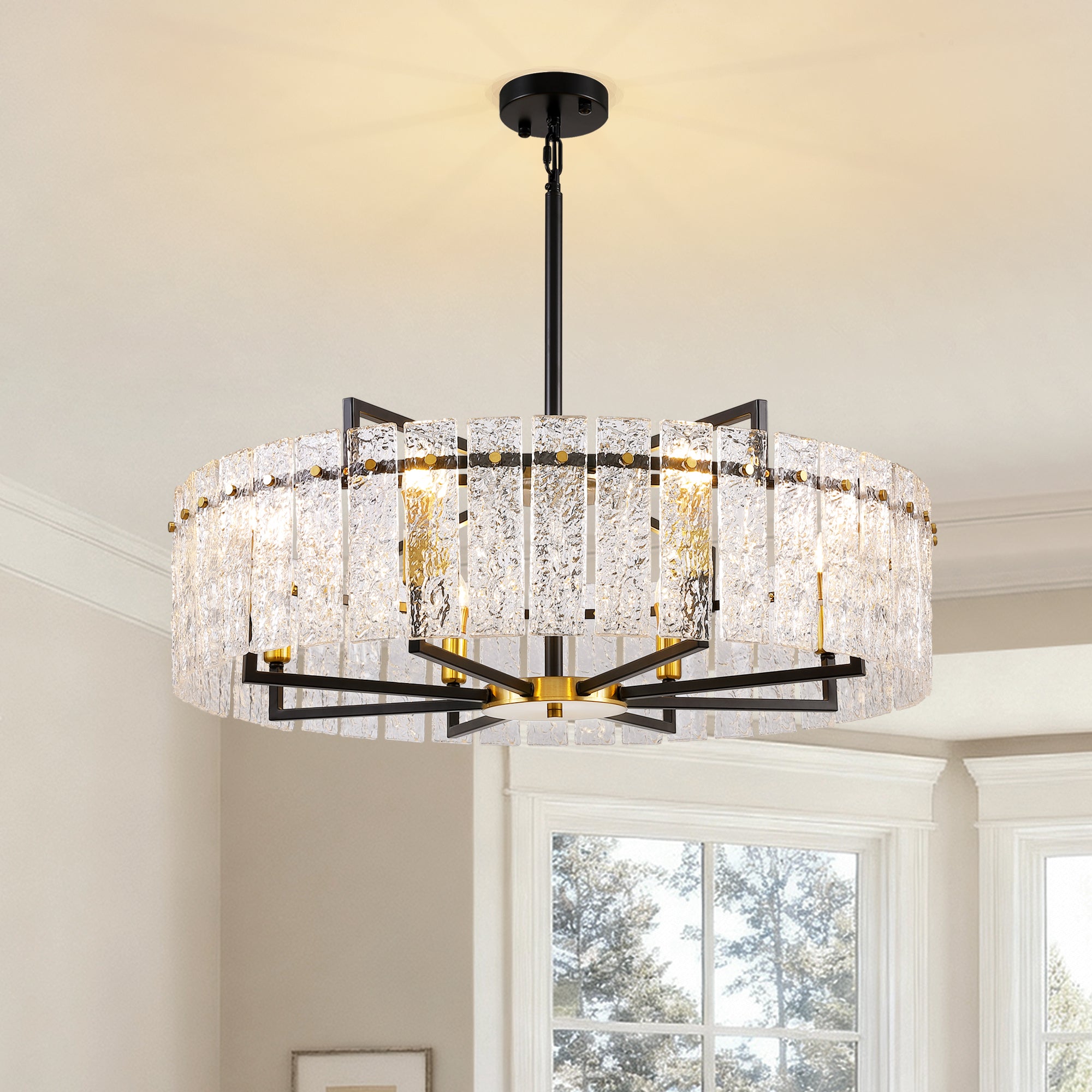 8 - Light Dimmable  Drum Chandelier with Textured Glass, Modern Lighting for Kitchen Island or Dining Room
