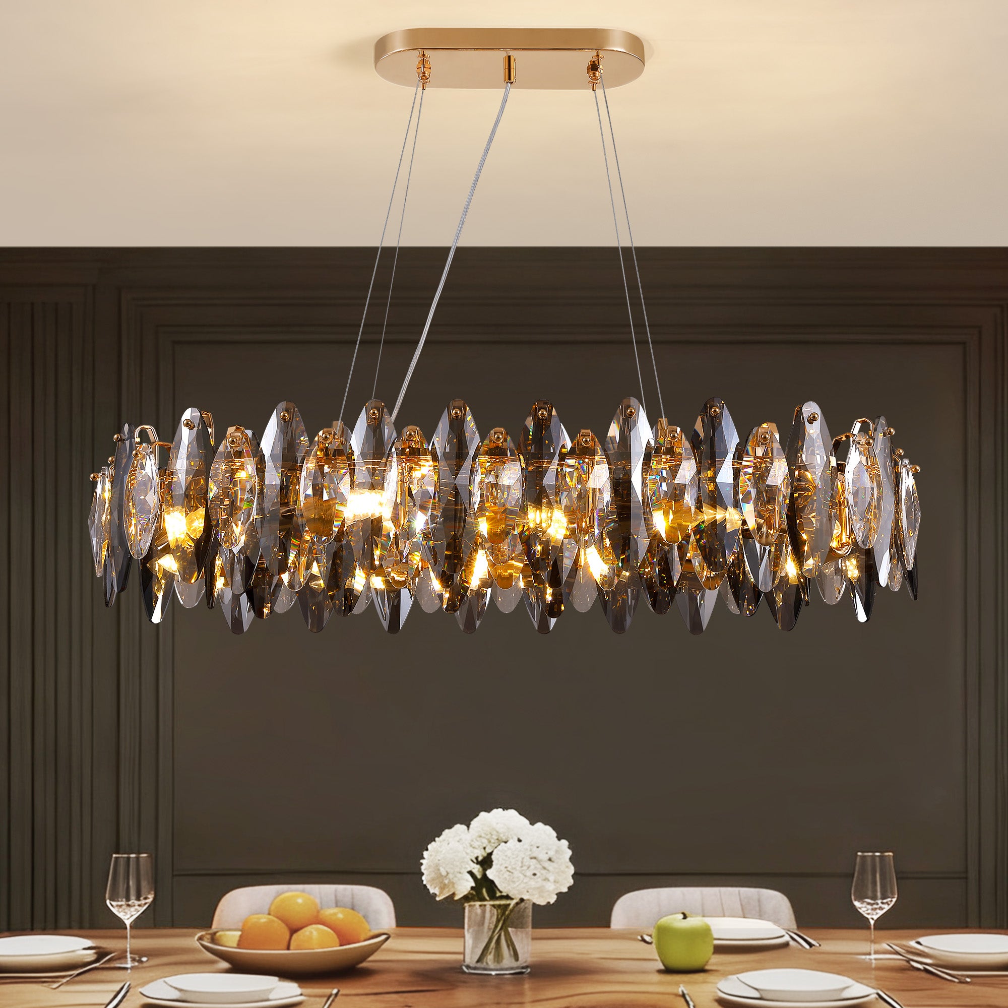 10-light Gold Rectangle Crystal Chandelier For Dining Room
