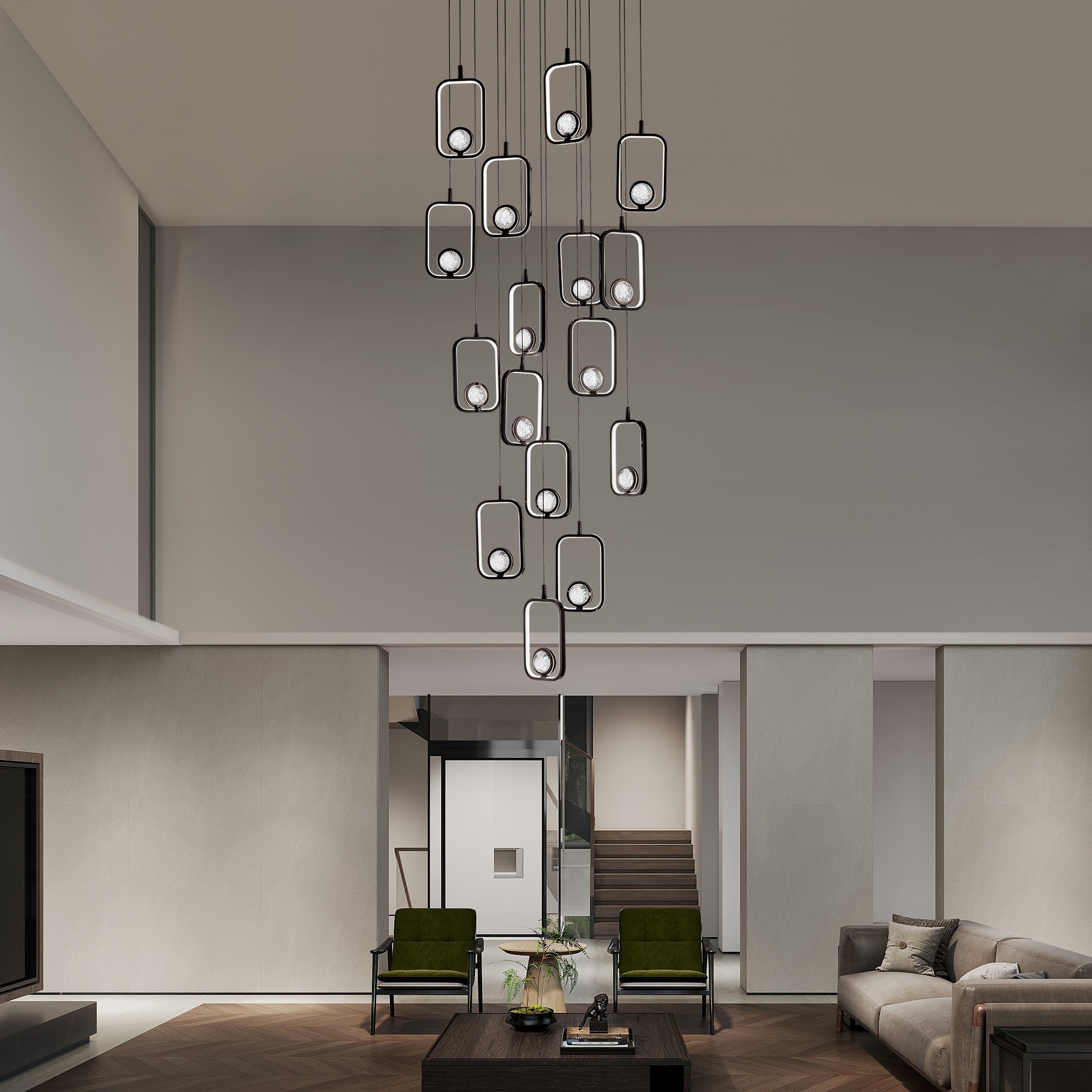 16-Light Black Cylinder Chandelier with Crystal Balls, Dimmable LED Lights & Remote Control for High Ceilings