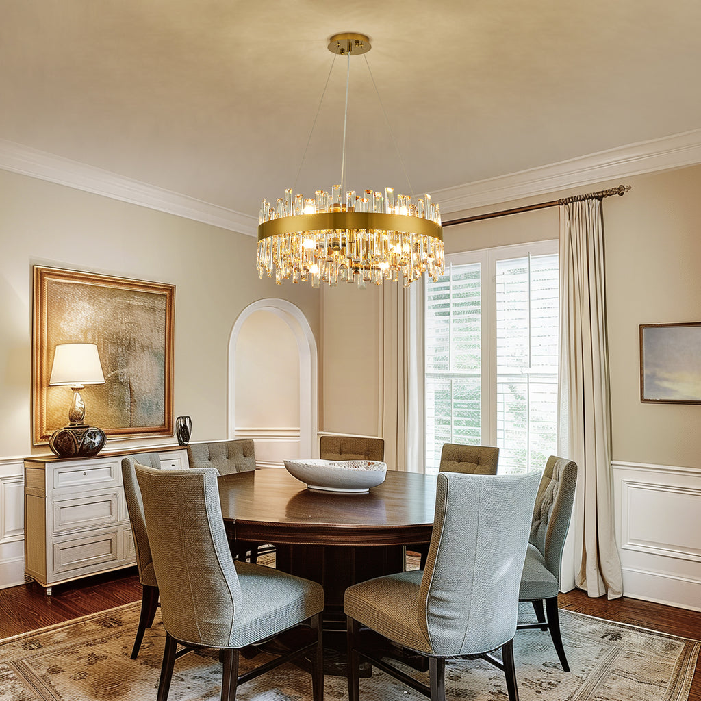20 in. Modern 12-Light Brass Gold Crystal Chandelier for Light Dining Room or Kitchen