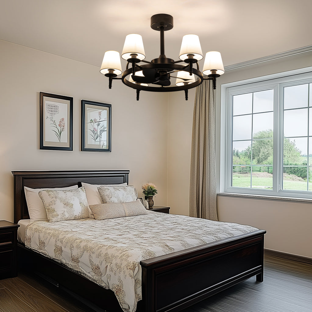 31.5" 6-light Wagon Wheel Ceiling Fan With Light Kit, Linen Shade, Dc Motor And Remote
