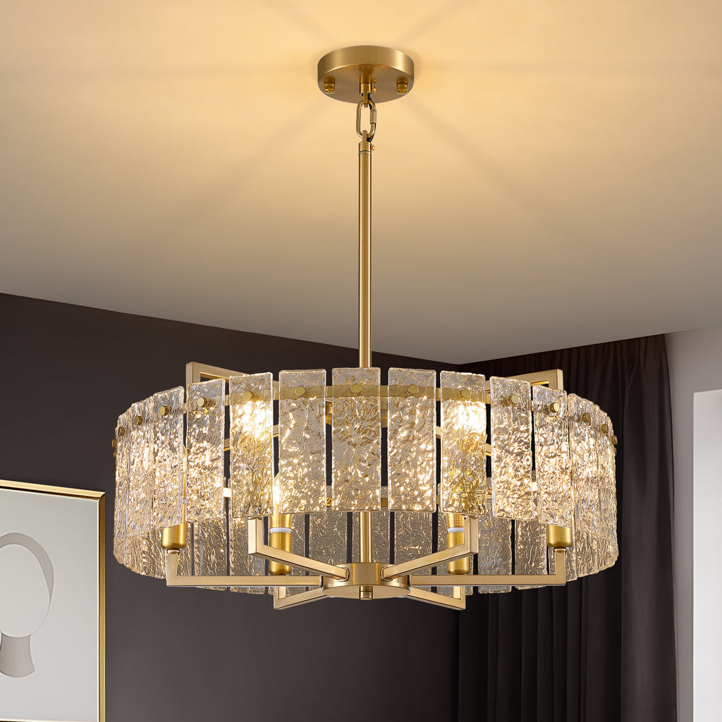 6 - Light Dimmable Gold Drum Chandelier with Textured Glass, Modern Lighting for Kitchen Island or Dining Room