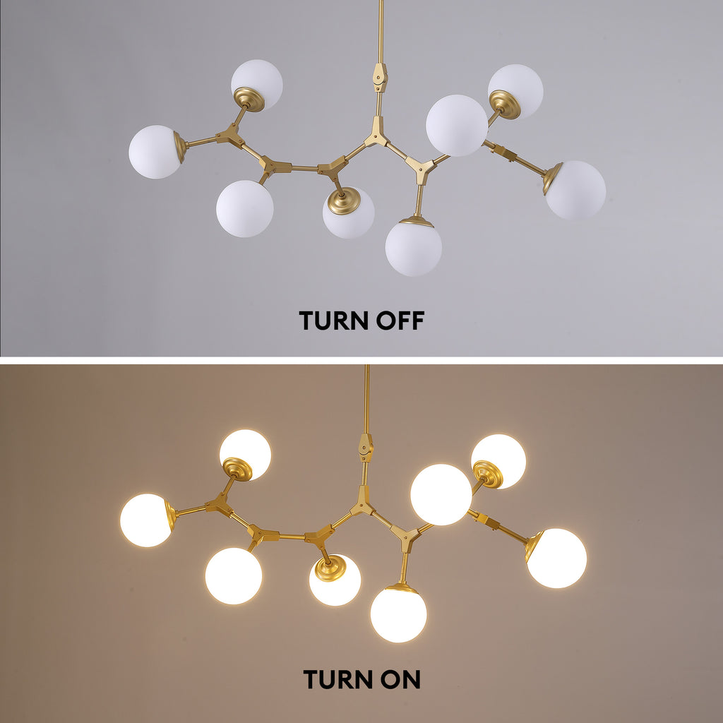 8-Light Dimmable Modern Sputnik Linear Chandelier with Glass Globe Shades