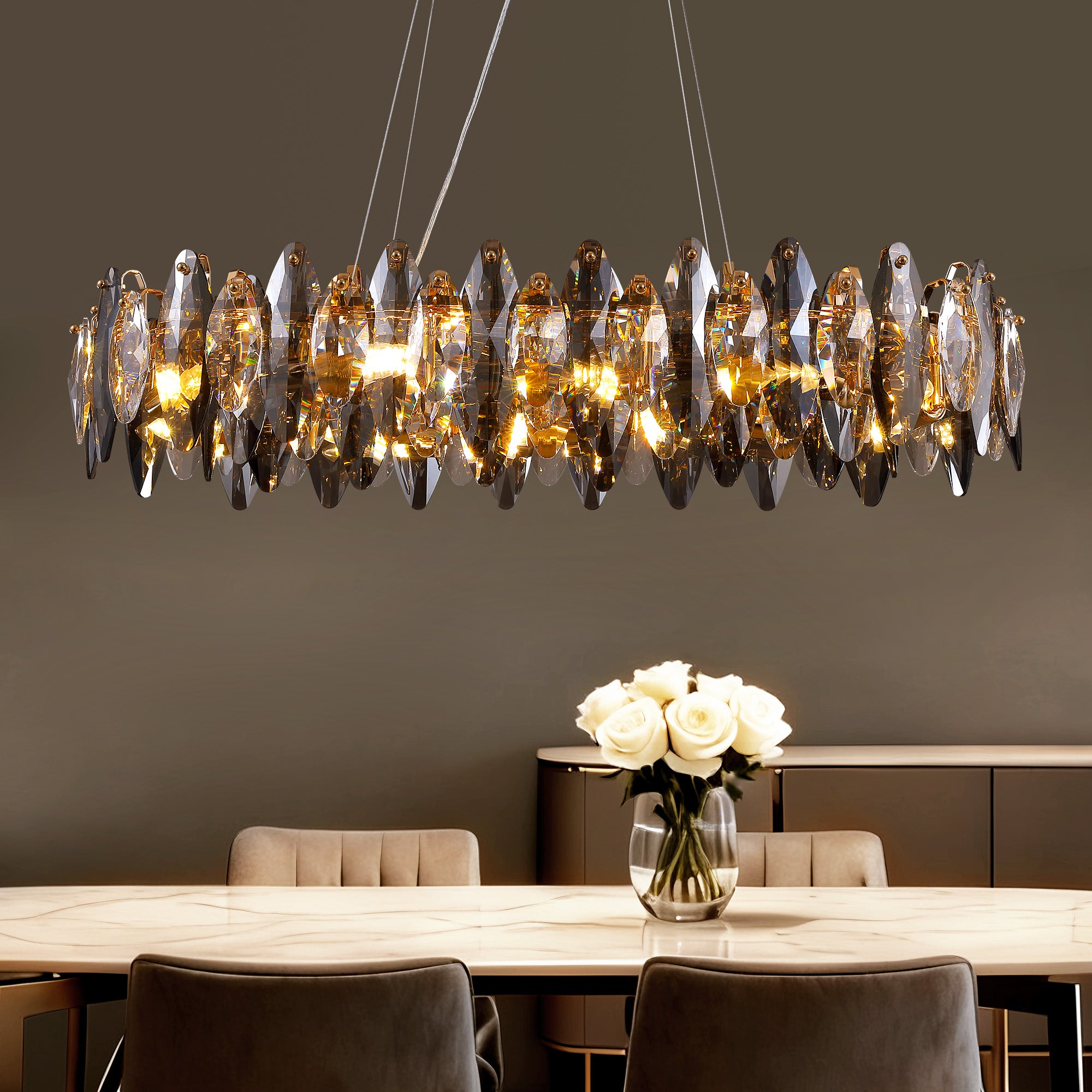 10-light Gold Rectangle Crystal Chandelier For Dining Room