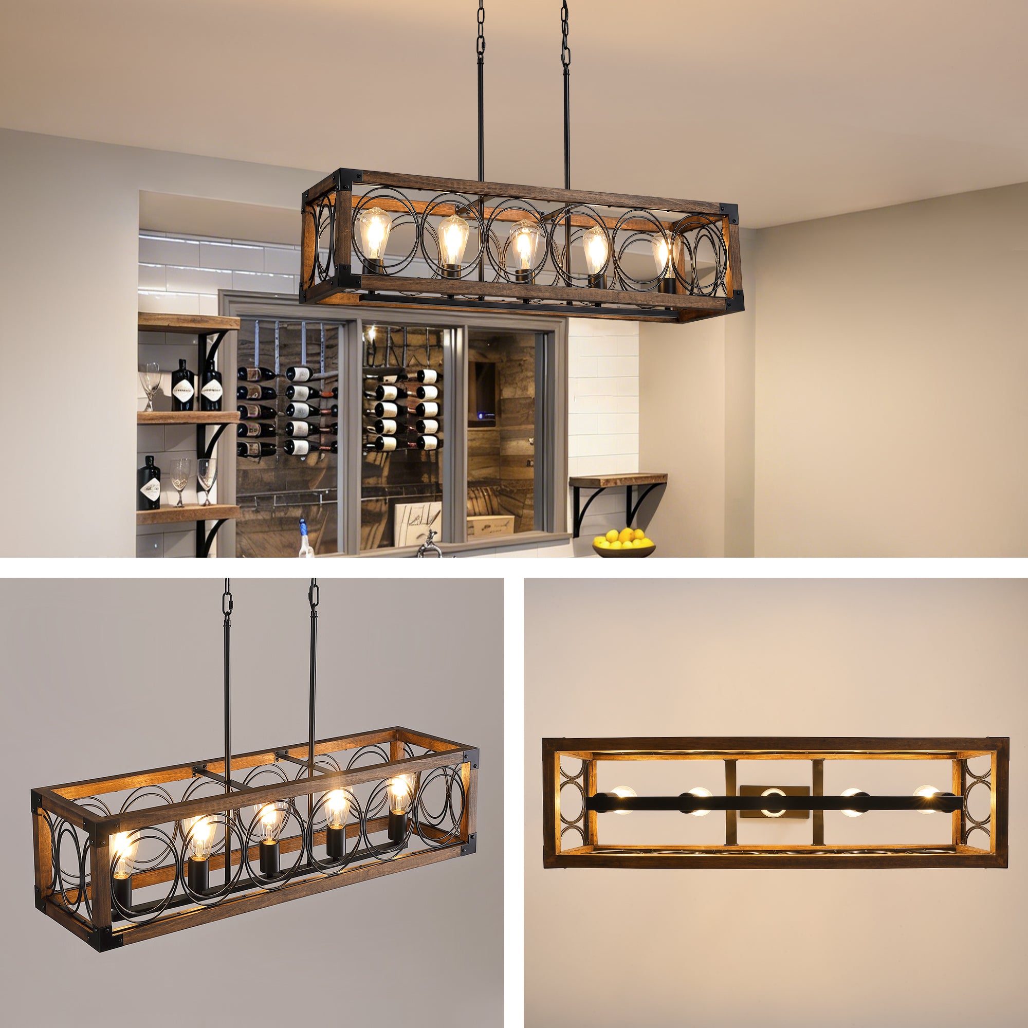 5 - Light Dimmable Modern Farmhouse Rectangle Solid Wood Chandelier
