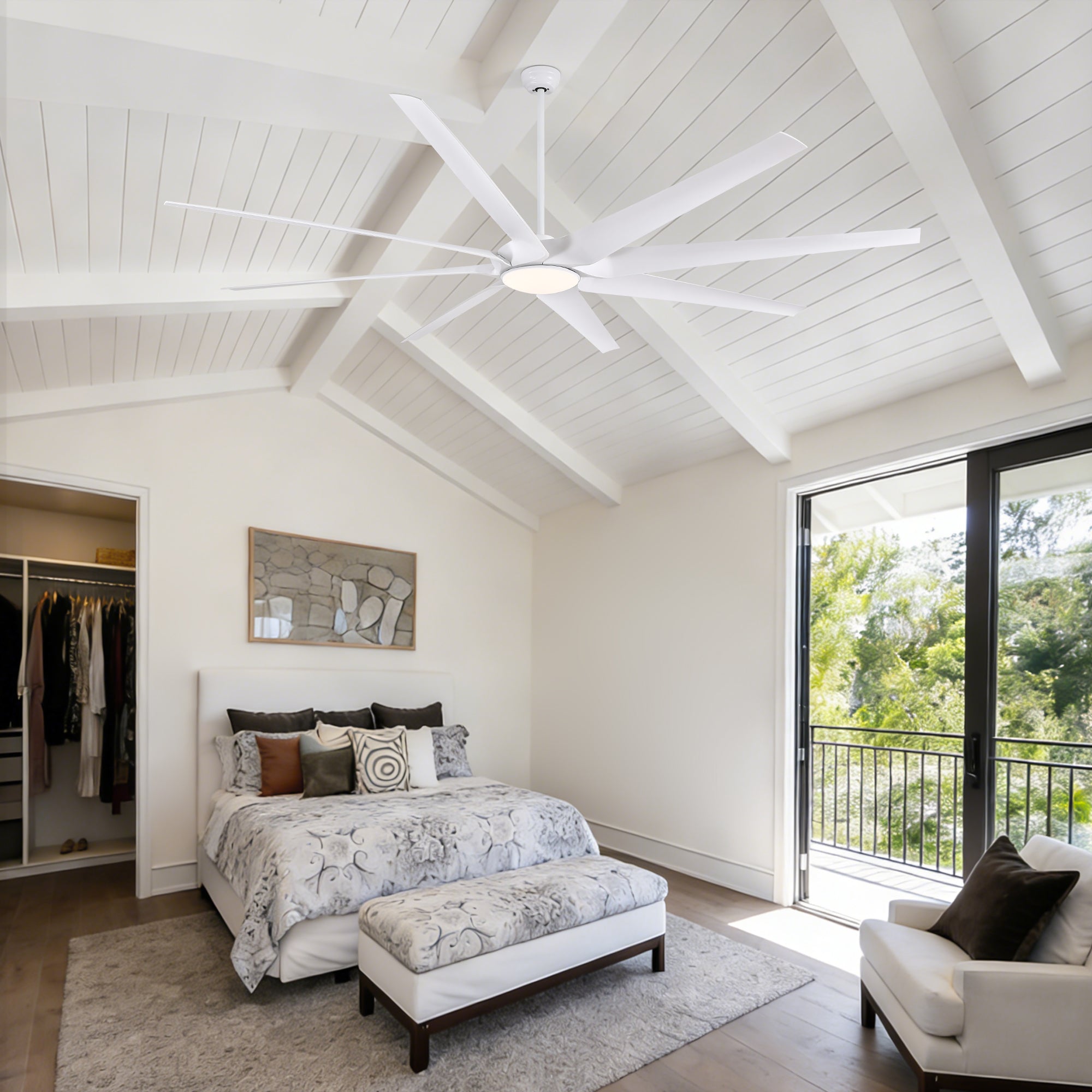100 in. Smart Indoor White Industrial Large Downrod 8-Blade Ceiling Fans with Lights and Remote Dimmable