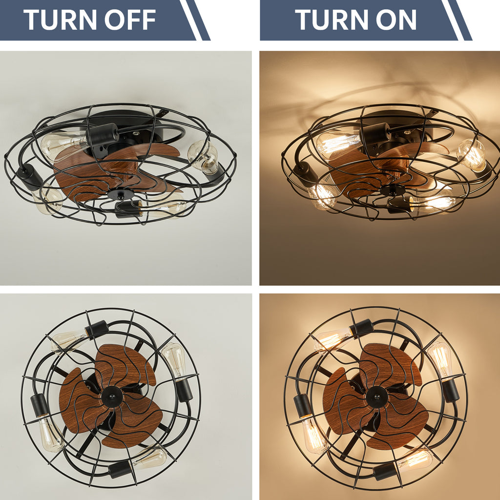 20.4 in. Farmhouse Indoor Matte Black Low Profile Caged Ceiling Fan with Remote Control Included