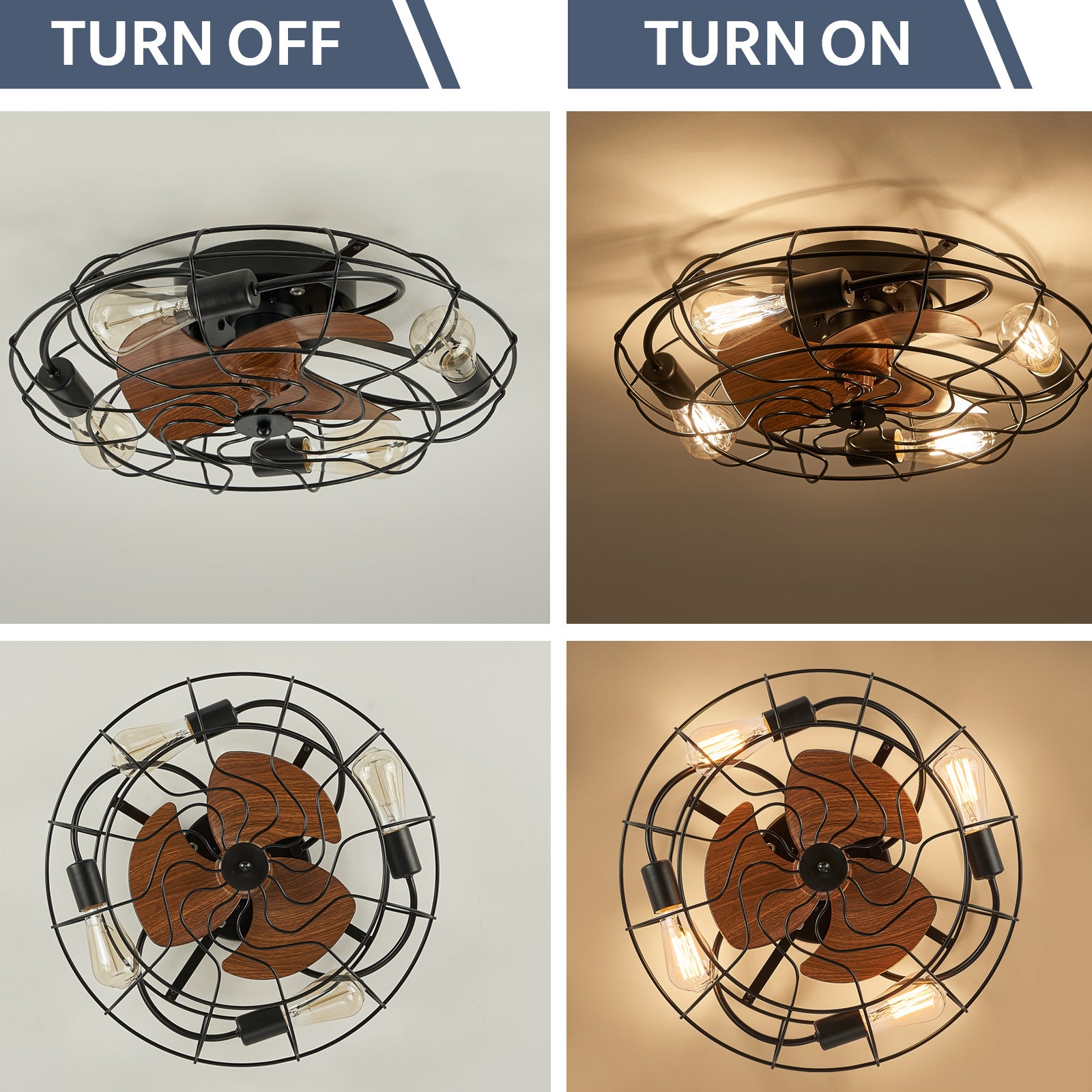 20.4 in. Farmhouse Indoor Matte Black Low Profile Caged Ceiling Fan with Remote Control Included