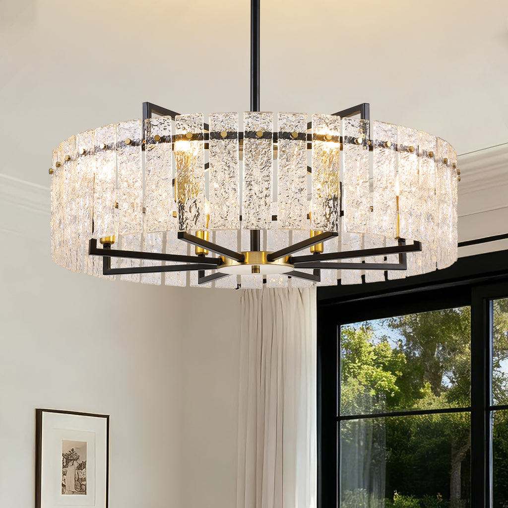 8 - Light Dimmable  Drum Chandelier with Textured Glass, Modern Lighting for Kitchen Island or Dining Room