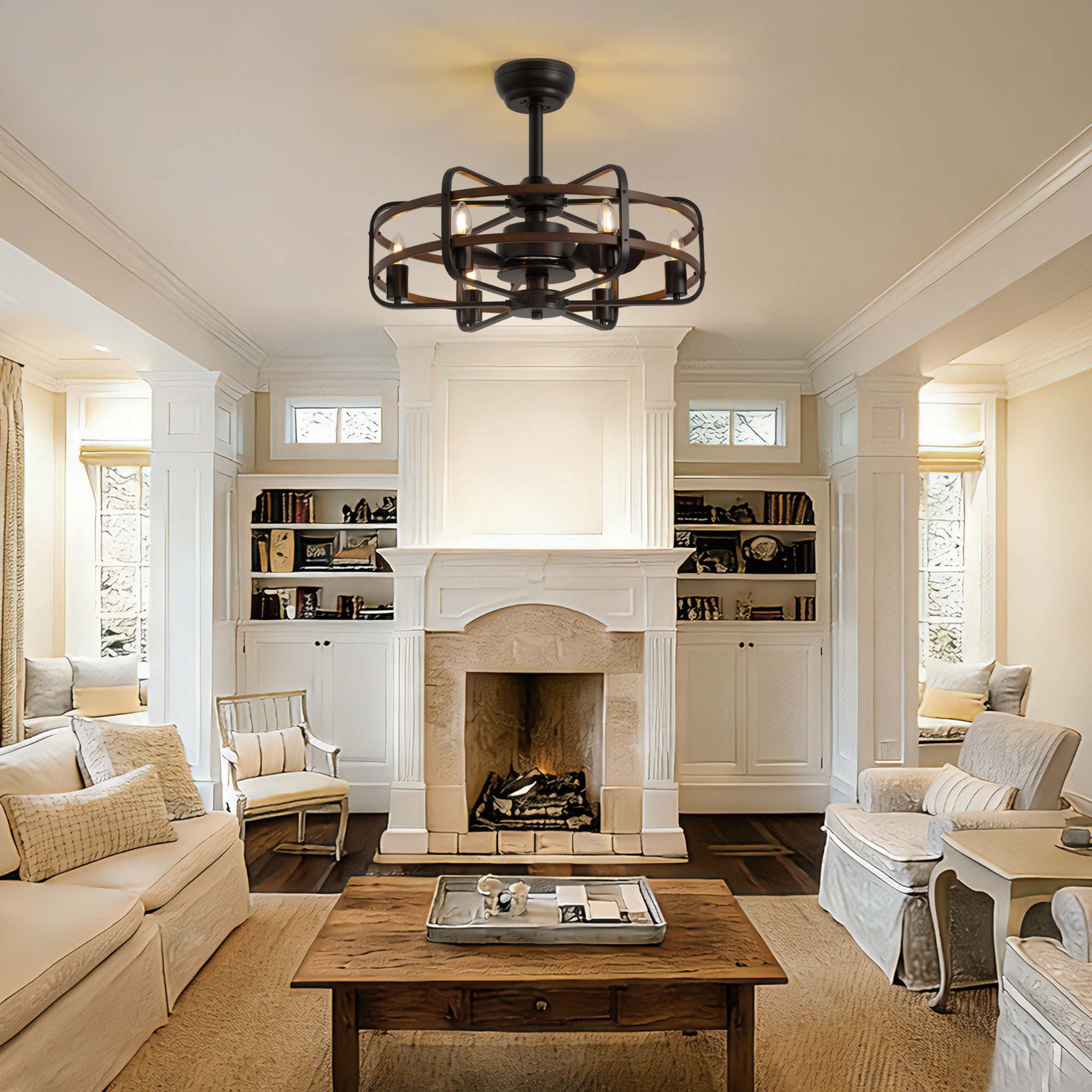 25 in. Farmhouse Indoor Vintage Caged Ceiling Fan with Lights and Remote Control, Black and Walnut Color Chandelier Fan