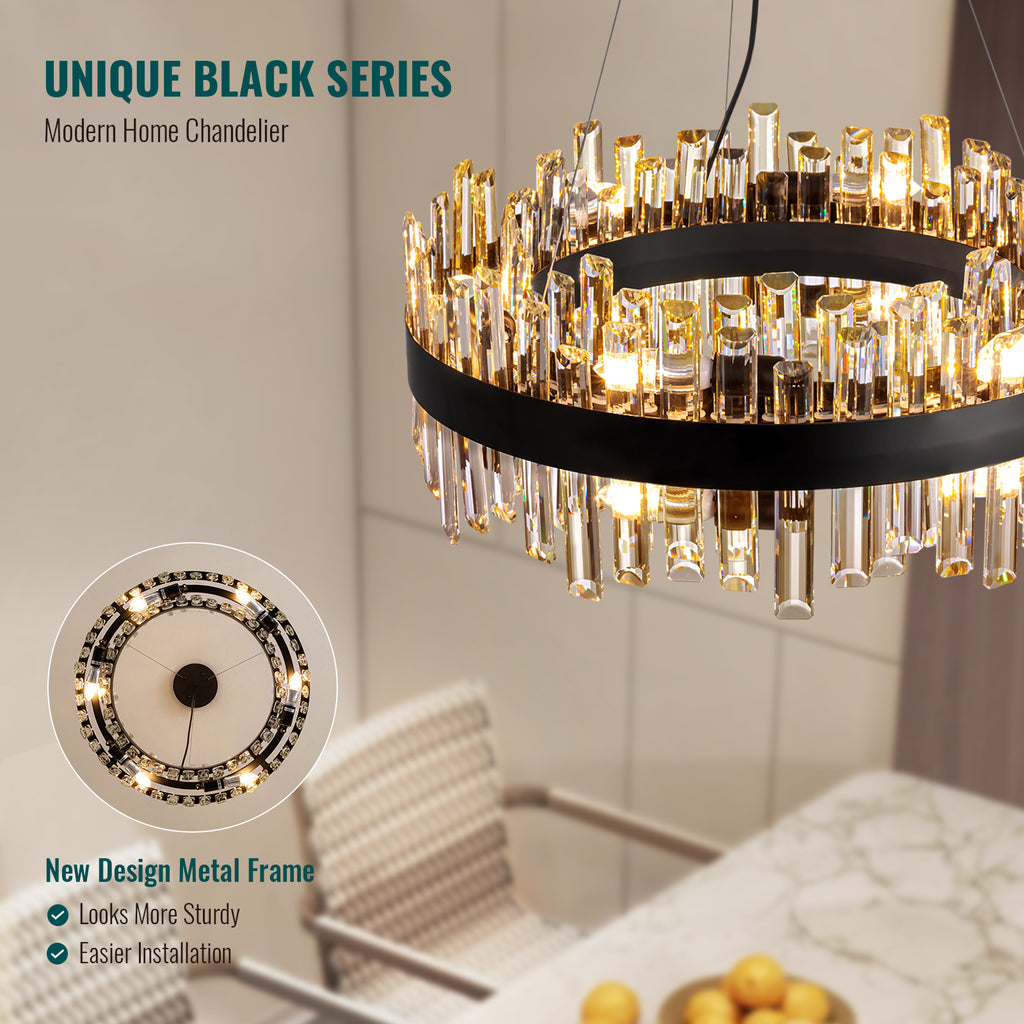 24 in. Modern 12-Light Black Crystal Chandelier Circle Round 2-Tiers Chandelier for Dining Living Room Bedroom
