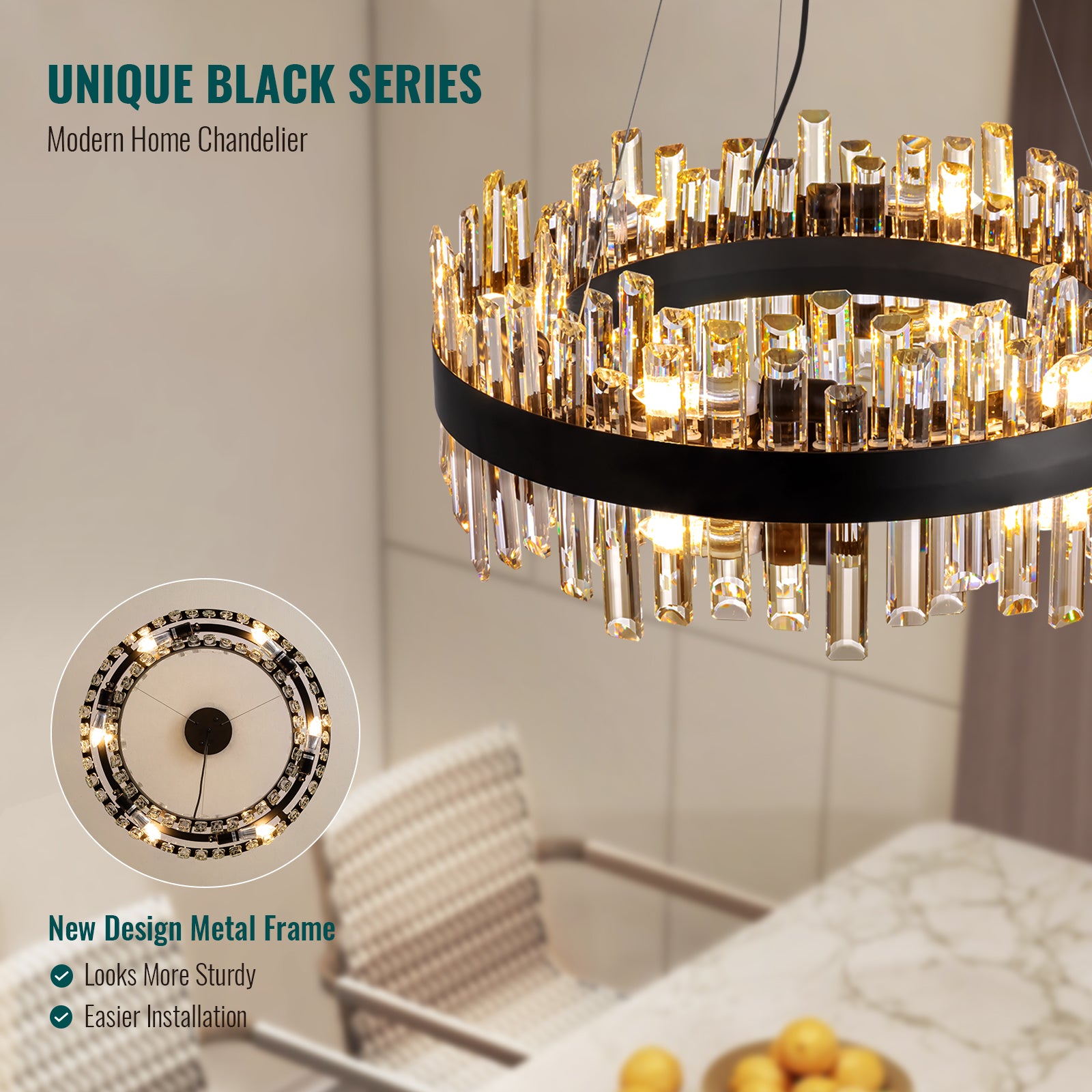 24 in. Modern 12-Light Black Crystal Chandelier Circle Round 2-Tiers Chandelier for Dining Living Room Bedroom